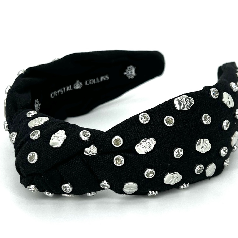 Black Canvas Topknot Headband with Skulls & Bezel Crystal Gems